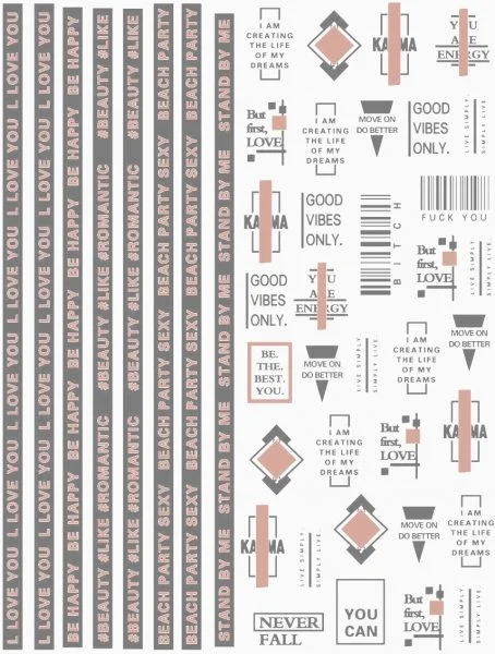 Nagelsticker - Aufkleber selbstklebend - Nail Sticker - rosegold schwarz Streifen Zeichen Wörter
